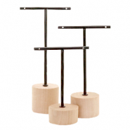 Jewellery display T-From with wooden standard for earrings (3pcs.) Natural (natural wood colour)-black