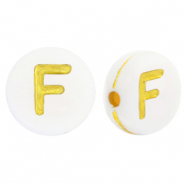 Acrylic letter beads F White-Gold