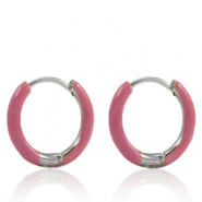 Stainless steel earrings creole enamel 14mm Thulian Pink-Silver