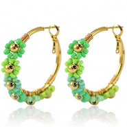 Stainless steel earrings creole flower 35mm Gold-Green