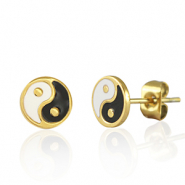 Stainless steel earrings / earpins Yin & Yang 7mm Gold-Black White