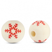 Wooden beads round 16mm snowflake Natural-red