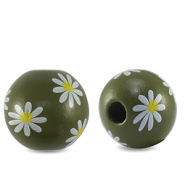 Wooden beads round 16mm flower Olive green