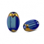 Oval glass beads Royal Blue Transparent-Gold