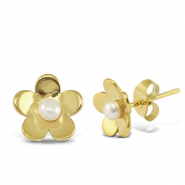 Stainless steel earrings / earpins pearls flower Gold