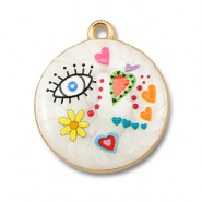 Metal charms with enamel round White-Multicolour-Gold