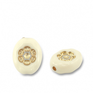 Acrylic beads oval with flower Off White-Gold