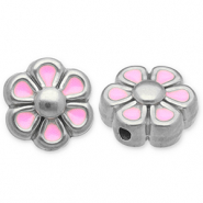 Stainless steel beads flower Silver-Light Pink-White