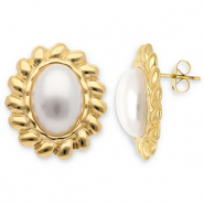 Stainless steel earrings / earpins oval Gold-White