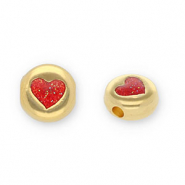 DQ European metal beads round with heart Gold-Glitter red (Nickelfree)
