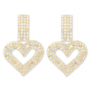 Eco-brass® metal earrings / earpins with strass heart Gold-Crystal