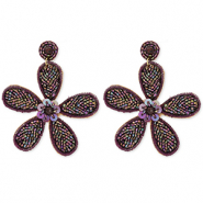 Trendy earrings / earpin with glass beads flower Aubergine