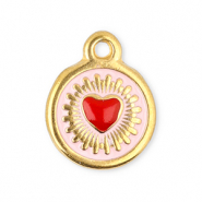 Stainless steel charms round with heart Gold-Red-Light Pink