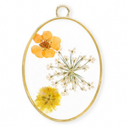 Charms with dried flowers oval Gold-Off White-Soft Orange-Orange