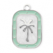 Stainless steel charms rectangle with palmtree Silver-Mint Green-White