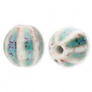 Beads ceramic 11mm with stripes Teal Blue-Off White-Port Red