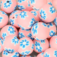 Silicone beads 18mm round with hand-painted flowers Pink-Dark Blue-White