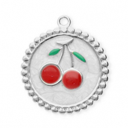 Stainless steel charms round with cherries Silver-Pearl White-Red-Green