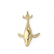 Brass TQ metal charms whale with rhinestones Gold-Transparent