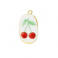 Ceramic charms oval with cherries Gold-White-Red-Green