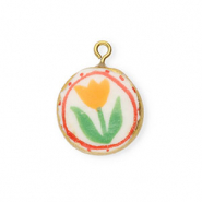 Ceramic charms round with flower Gold-White-Red-Green-Orange