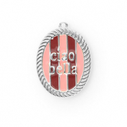 BY31® Eco-brass metal charms with enamel oval Ciao bella"" Silver-Light Pink-Red