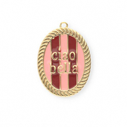 BY31® Eco-brass metal charms with enamel oval Ciao bella"" Gold-Light Pink-Red