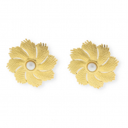 Stainless steel findings earrings / earpins flower with imitation pearl with loop Gold-White
