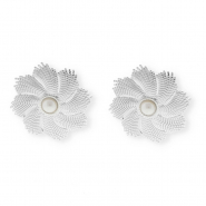 Stainless steel findings earrings / earpins flower with imitation pearl with loop Silver-White