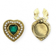Button covers heart with imitation pearls Antique Gold-Emerald Green-White