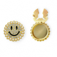 Button covers smiley with strass and imitation pearls Gold-Black-Crystal-White