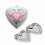 Stainless steel medallion charms with enamel heart with flowers Silver-Pink-Green