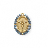 Stainless steel charms oval with crucifix Gold-Blue