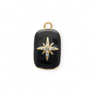 Stainless steel charms with enamel en strass rectangle with star Gold-Black-Crystal