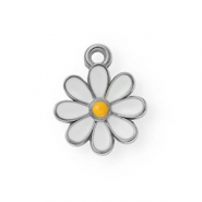 Stainless steel charms with enamel daisy Silver-White-Orange