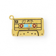 Stainless steel charms with enamel cassette tape Gold-Light Blue-Red