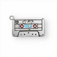 Stainless steel charms with enamel cassette tape Silver-Light Blue-Red