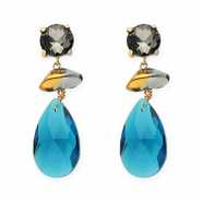 Crystal Glass earrings / earpins round-organic-drop Grey-Gold-Blue