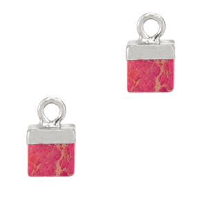 Natural stone charms cube Exotic Red-Silver