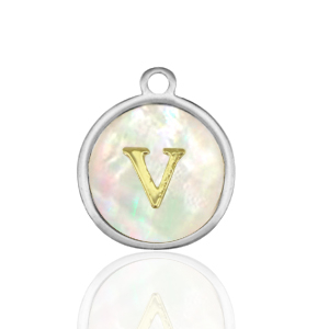 Stainless steel charms 12mm shell initial V White (natural colour)-Silver