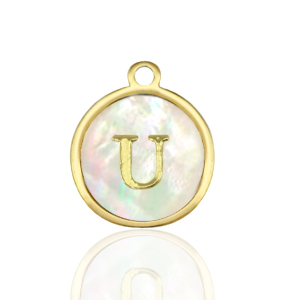 Stainless steel charms 12mm shell initial U White (natural colour)-Gold