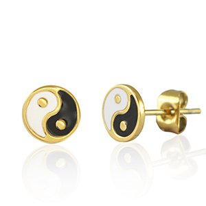 Stainless steel earrings / earpins Yin & Yang 7mm Gold-Black White