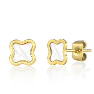 Stainless steel earrings / earpins flower Gold-Pearl White