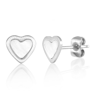 Stainless steel earrings / earpins heart Silver-Pearl White
