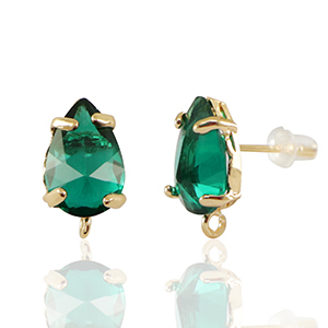 Crystal Glass earrings / earpins with loop drop Green-Gold