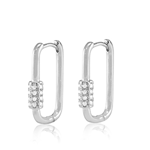 Brass TQ metal earrings creole cubic zirconia oval Silver