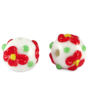Hand-painted Glass beads flower White-Red