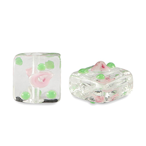 Hand-painted Glass beads square flower Transparent-Pink