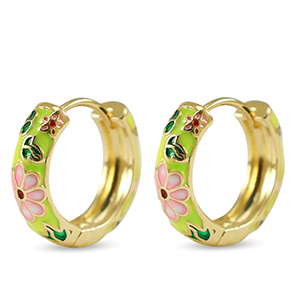 Brass TQ metal creole with enamel flower Gold-Pink Yellow