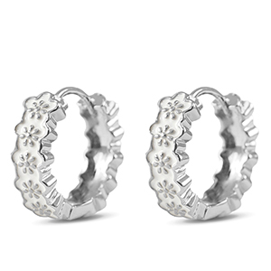 Brass TQ metal creole with enamel flower Silver-White